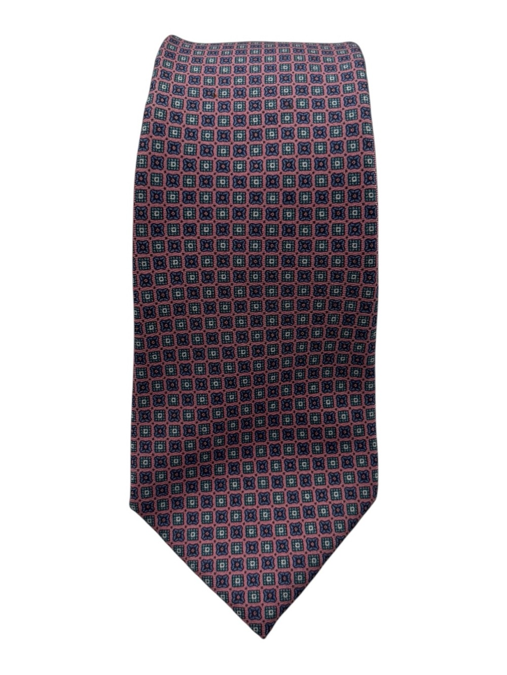 VTG Neil Martin Ancient Madder Silk Necktie Made USA Pink Blue Geometric Foulard